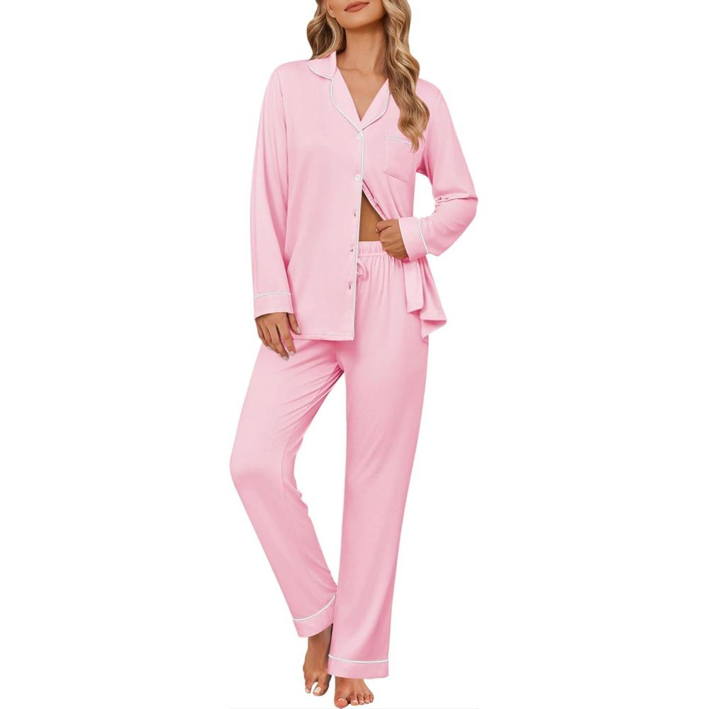imageEkouaer Womens Pajama Sets Soft Button Down Pj Sets 2 piece Long Sleeve and Pants Loungewear Set SXXLPink