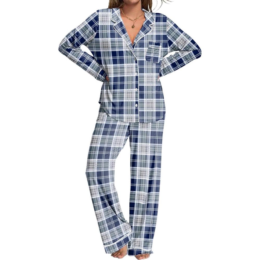 imageEkouaer Womens Pajamas Set 2 Piece Button Down Pjs Soft Long Sleeve Top and Pants Sleepwear Set Lounge SetsBdeep Blue Plaid