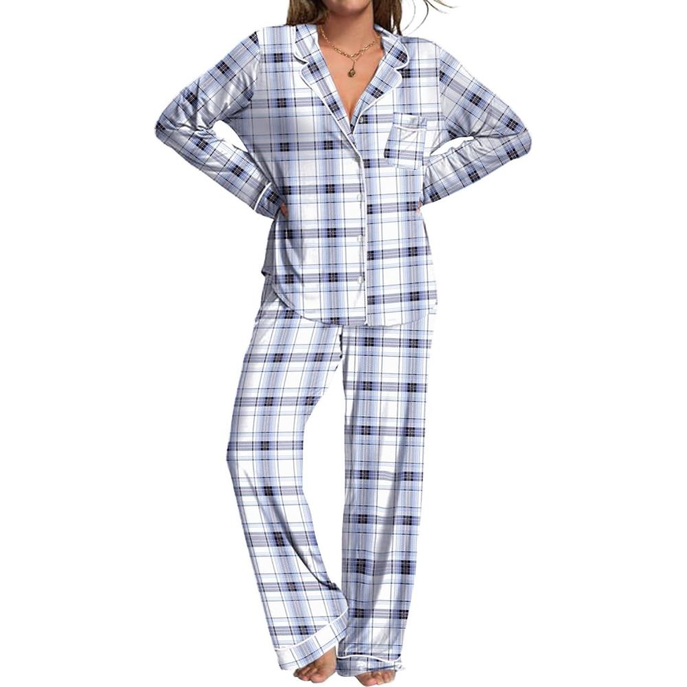 imageEkouaer Womens Pajamas Set 2 Piece Button Down Pjs Soft Long Sleeve Top and Pants Sleepwear Set Lounge SetsBlight Blue Plaid