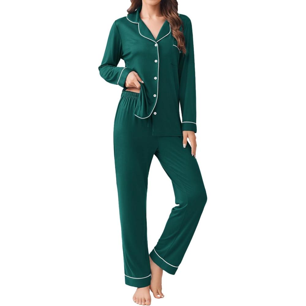 imageEkouaer Womens Pajamas Set 2 Piece Button Down Pjs Soft Long Sleeve Top and Pants Sleepwear Set Lounge SetsBlue Green