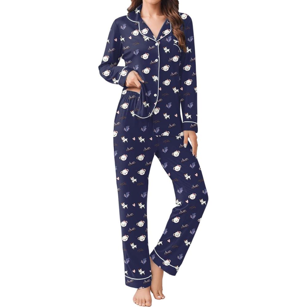 imageEkouaer Womens Pajamas Set 2 Piece Button Down Pjs Soft Long Sleeve Top and Pants Sleepwear Set Lounge SetsBlue Teddy