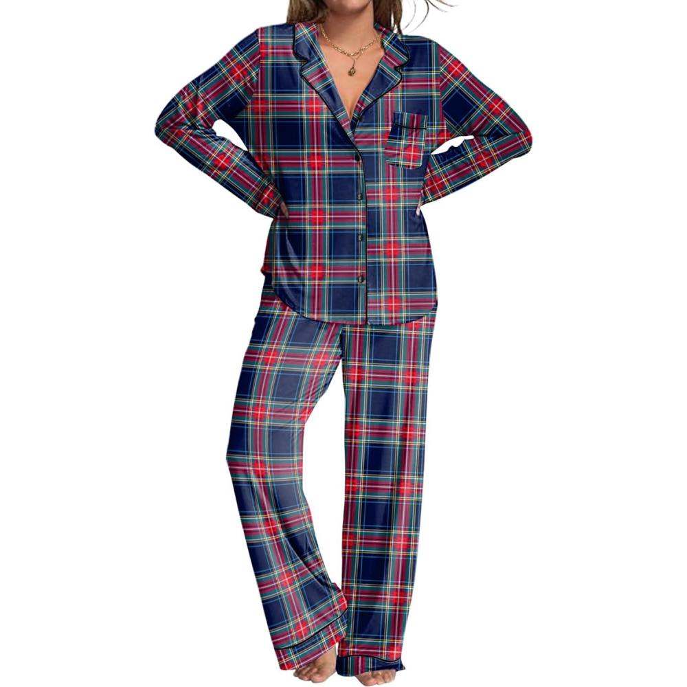 imageEkouaer Womens Pajamas Set 2 Piece Button Down Pjs Soft Long Sleeve Top and Pants Sleepwear Set Lounge SetsBred Green Plaid