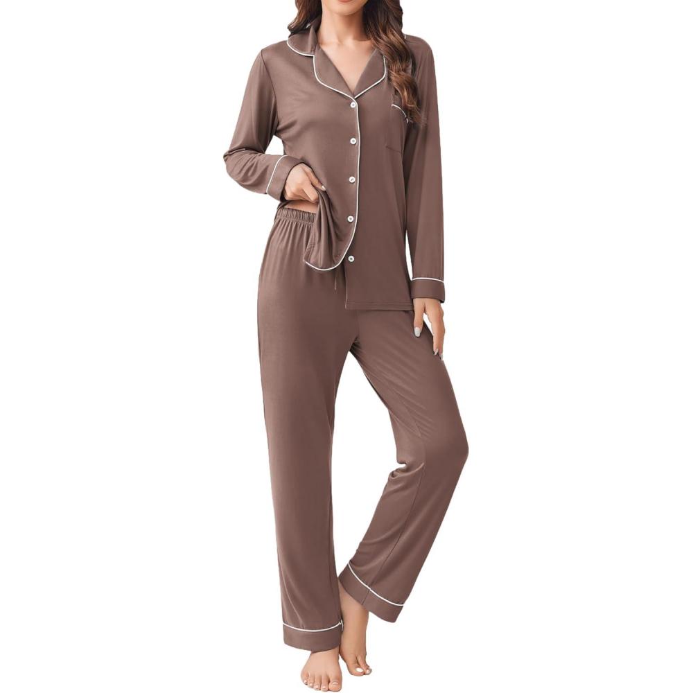imageEkouaer Womens Pajamas Set 2 Piece Button Down Pjs Soft Long Sleeve Top and Pants Sleepwear Set Lounge SetsBrown