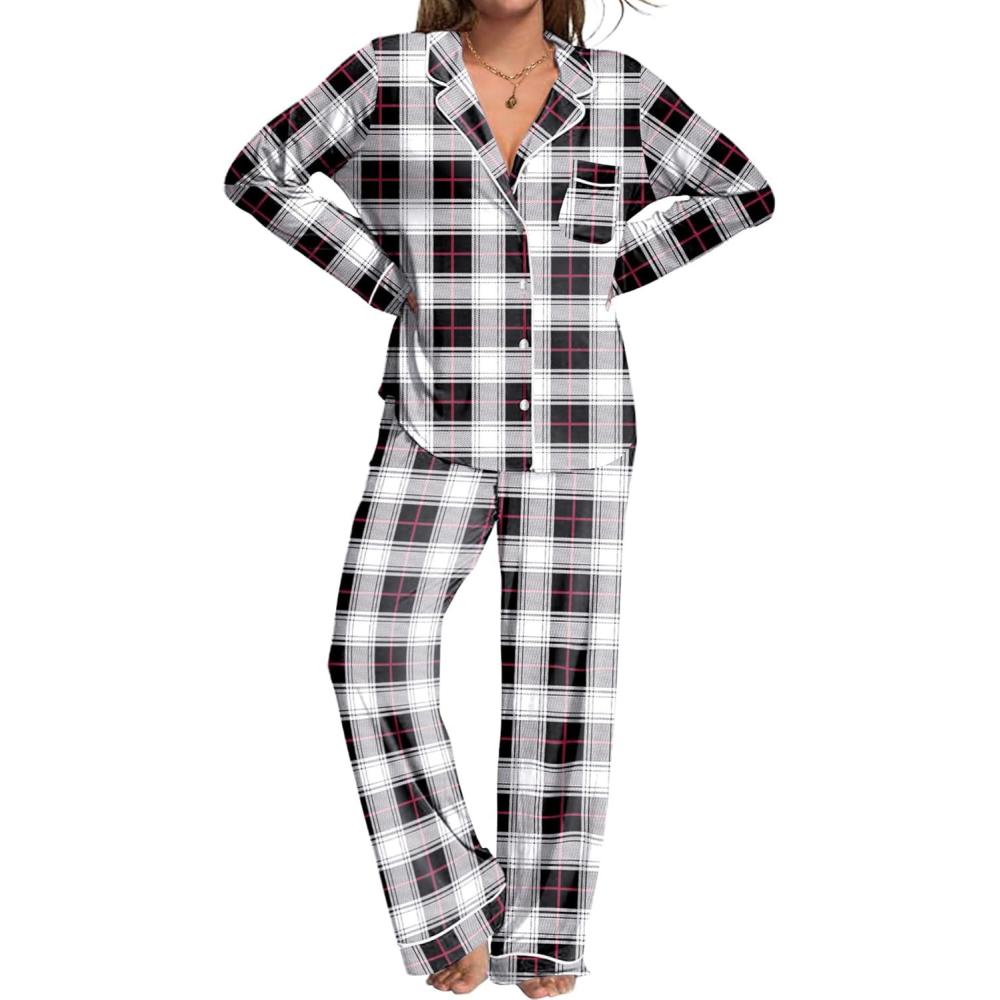 imageEkouaer Womens Pajamas Set 2 Piece Button Down Pjs Soft Long Sleeve Top and Pants Sleepwear Set Lounge SetsBwhite Black Plaid