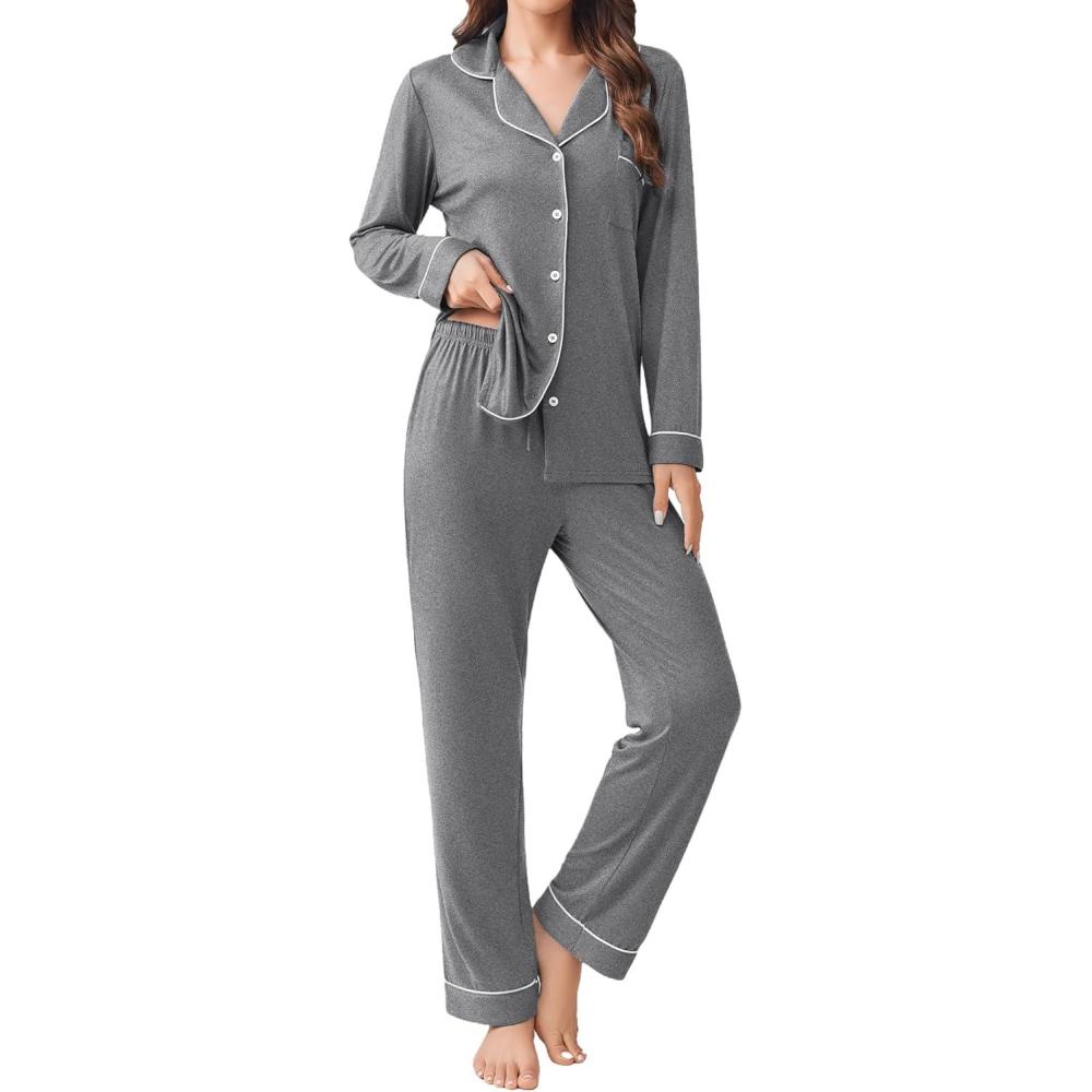 imageEkouaer Womens Pajamas Set 2 Piece Button Down Pjs Soft Long Sleeve Top and Pants Sleepwear Set Lounge SetsGrey