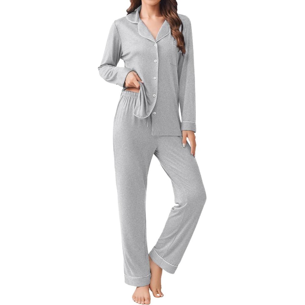 imageEkouaer Womens Pajamas Set 2 Piece Button Down Pjs Soft Long Sleeve Top and Pants Sleepwear Set Lounge SetsLight Grey