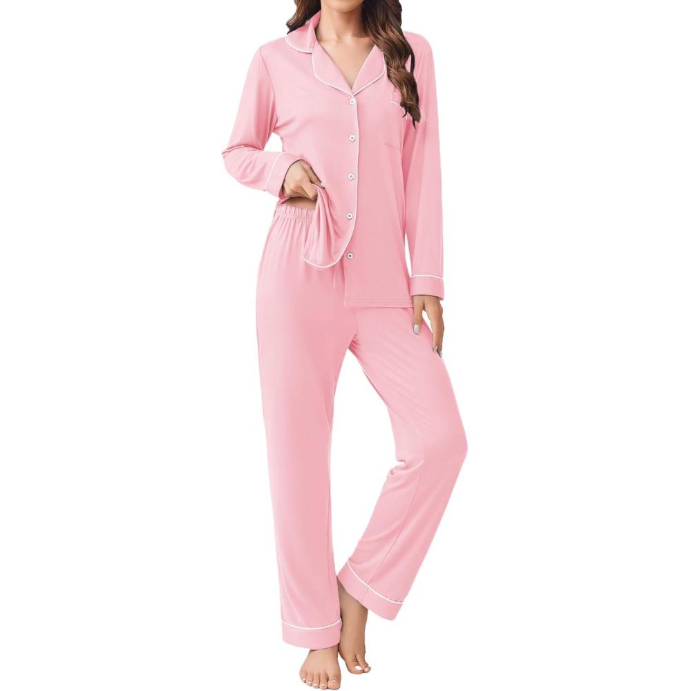 imageEkouaer Womens Pajamas Set 2 Piece Button Down Pjs Soft Long Sleeve Top and Pants Sleepwear Set Lounge SetsPink