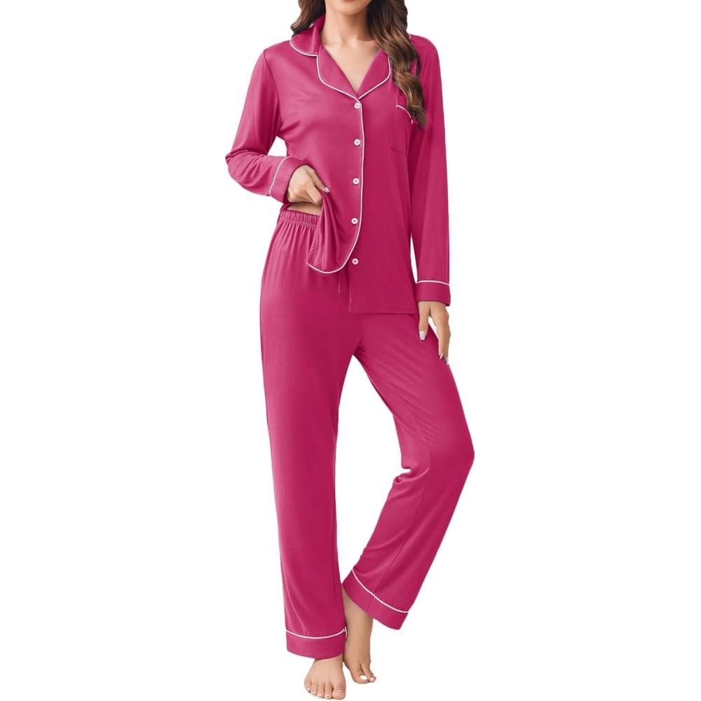 imageEkouaer Womens Pajamas Set 2 Piece Button Down Pjs Soft Long Sleeve Top and Pants Sleepwear Set Lounge SetsRose Red