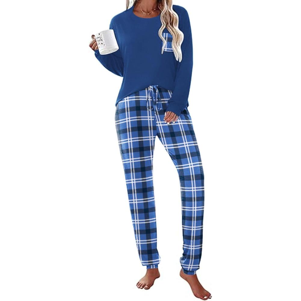 imageEkouaer Womens Pajamas Set Long Sleeve Christmas PJ Sets Soft Lounge Set for Women Sleepwear Joggers with PocketsBlue Plaid