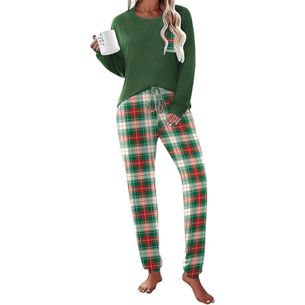 imageEkouaer Womens Pajamas Set Long Sleeve Christmas PJ Sets Soft Lounge Set for Women Sleepwear Joggers with PocketsGreen Plaid
