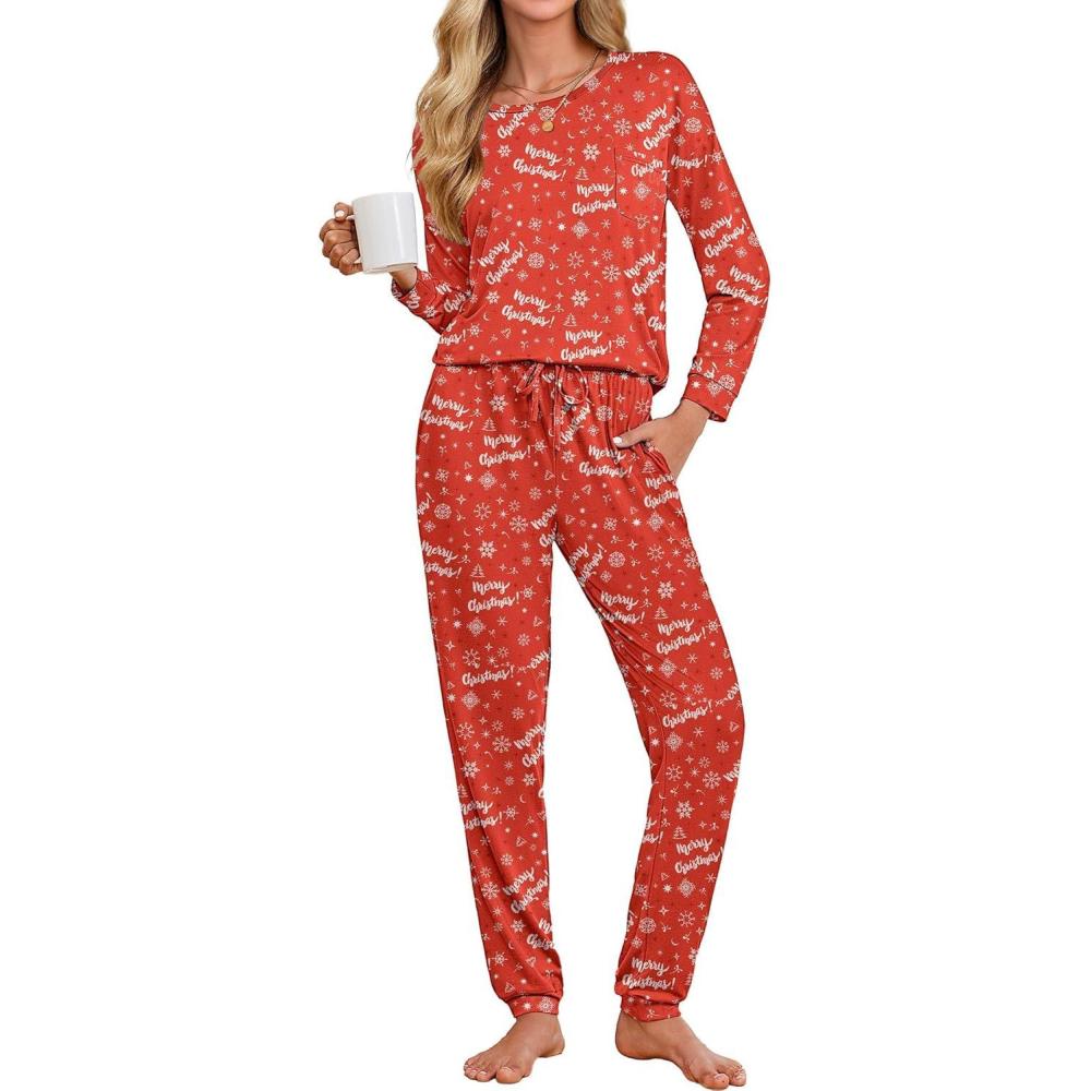 imageEkouaer Womens Pajamas Set Long Sleeve Christmas PJ Sets Soft Lounge Set for Women Sleepwear Joggers with PocketsRed Christmas