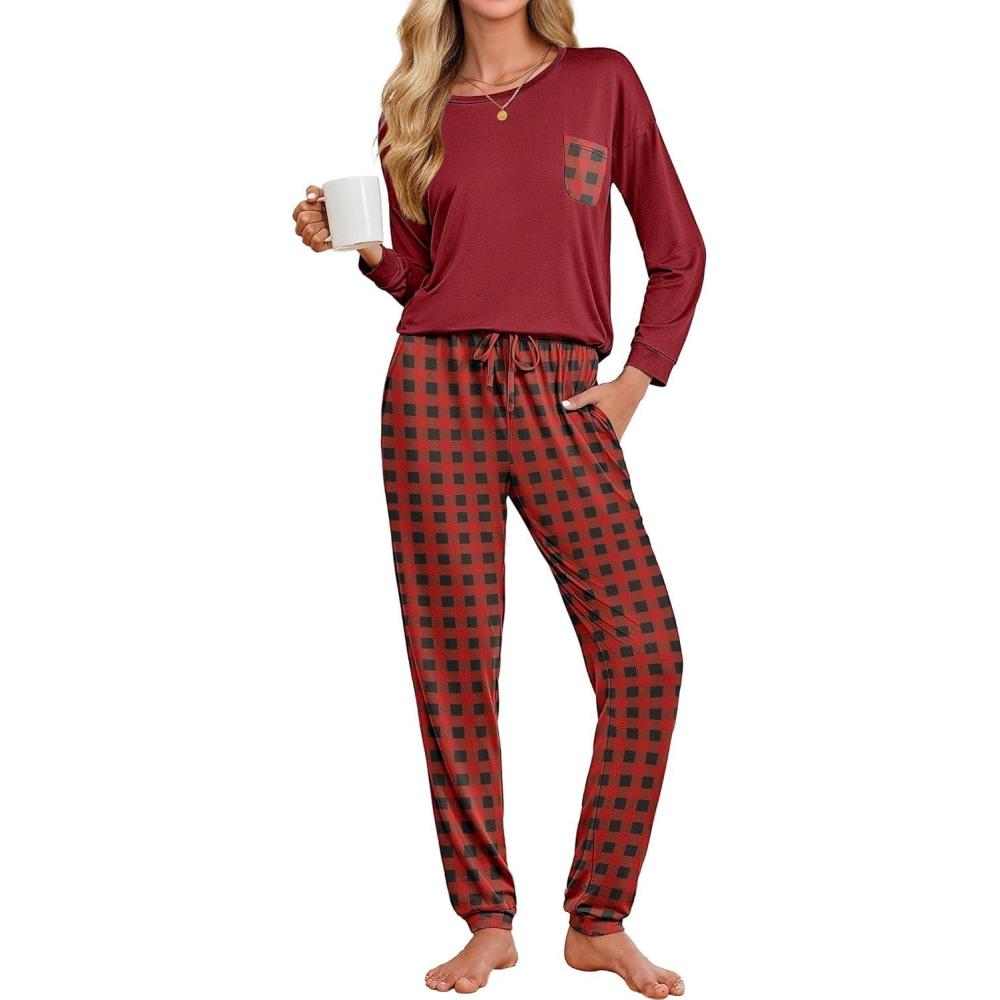 imageEkouaer Womens Pajamas Set Long Sleeve Christmas PJ Sets Soft Lounge Set for Women Sleepwear Joggers with PocketsRed Plaid 2