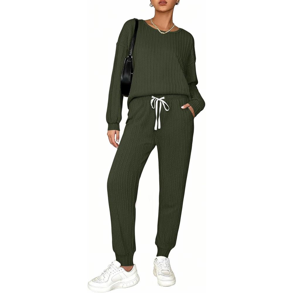 imageEkouaer Womens Pajamas Set Ribbed Knit Long Sleeve Pullover Top Jogger Pants Set 2 Piece Lounge Set Sleepwear Tracksuit SXXLAmry Green