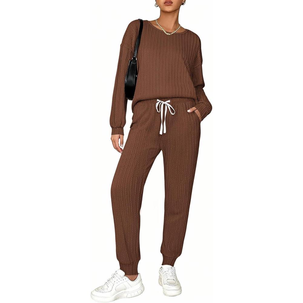 imageEkouaer Womens Pajamas Set Ribbed Knit Long Sleeve Pullover Top Jogger Pants Set 2 Piece Lounge Set Sleepwear Tracksuit SXXLBrown