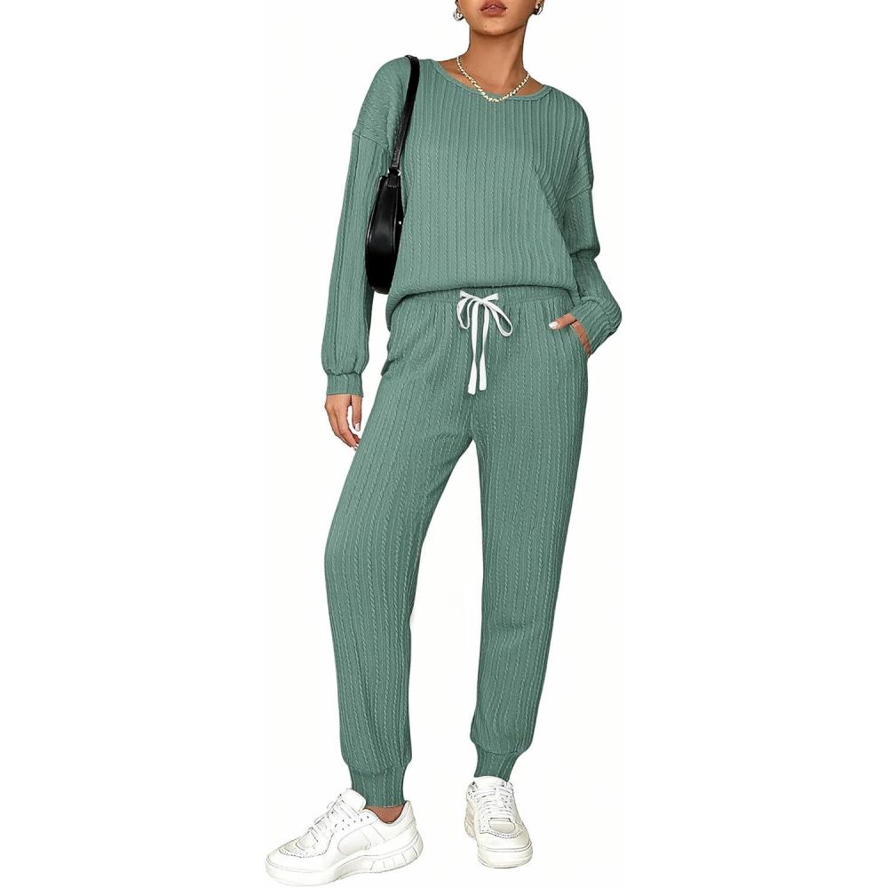 imageEkouaer Womens Pajamas Set Ribbed Knit Long Sleeve Pullover Top Jogger Pants Set 2 Piece Lounge Set Sleepwear Tracksuit SXXLGray Green