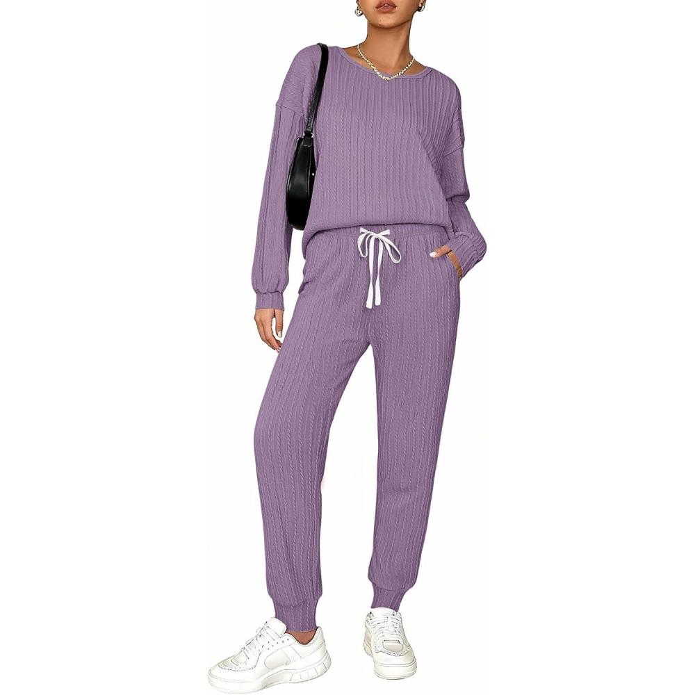imageEkouaer Womens Pajamas Set Ribbed Knit Long Sleeve Pullover Top Jogger Pants Set 2 Piece Lounge Set Sleepwear Tracksuit SXXLGrey Purple