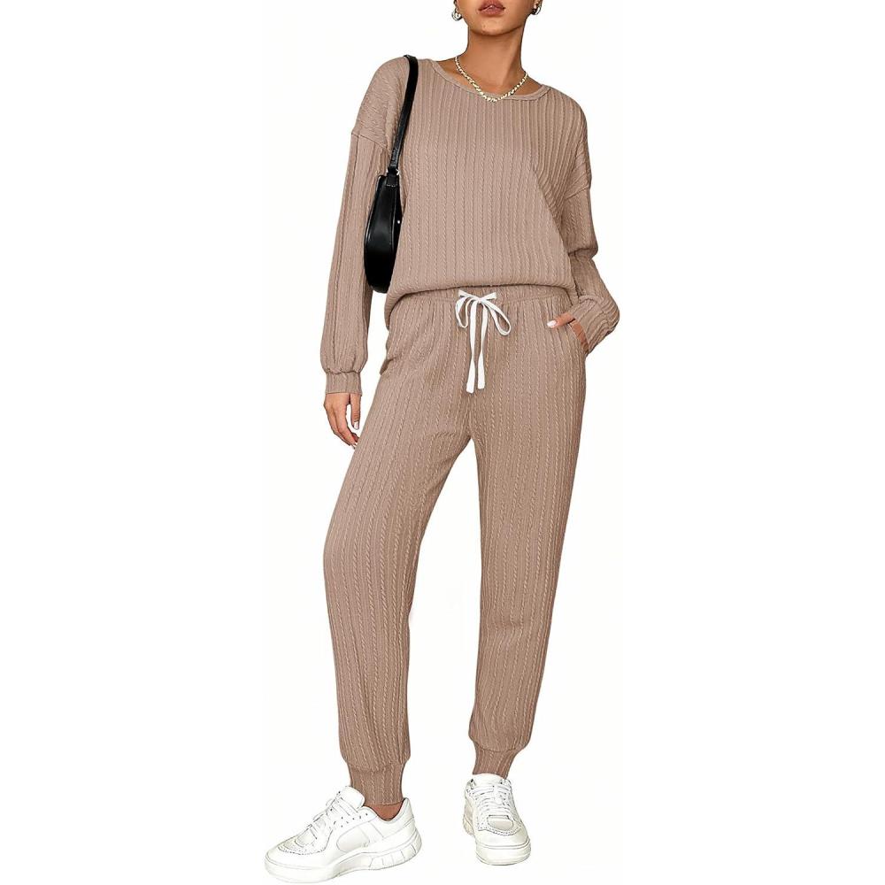 imageEkouaer Womens Pajamas Set Ribbed Knit Long Sleeve Pullover Top Jogger Pants Set 2 Piece Lounge Set Sleepwear Tracksuit SXXLKhaki