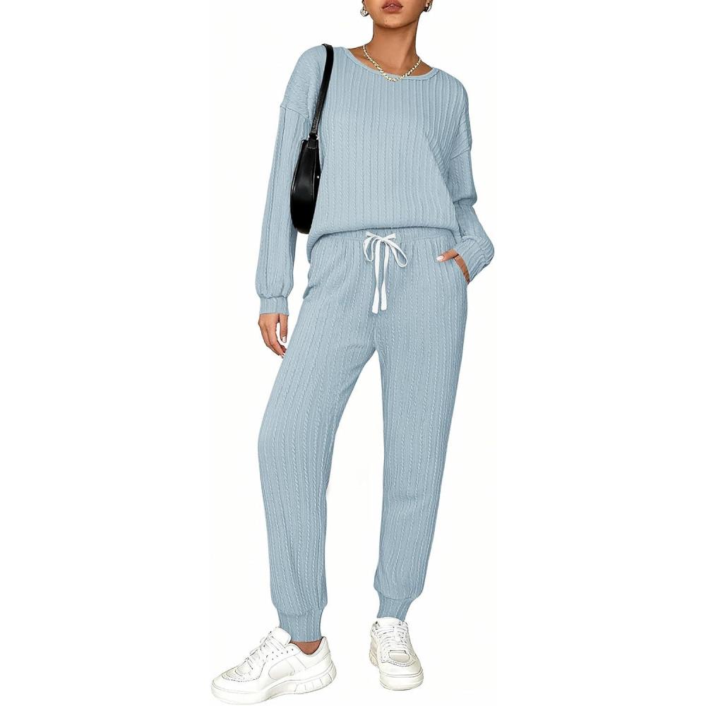 imageEkouaer Womens Pajamas Set Ribbed Knit Long Sleeve Pullover Top Jogger Pants Set 2 Piece Lounge Set Sleepwear Tracksuit SXXLLight Blue