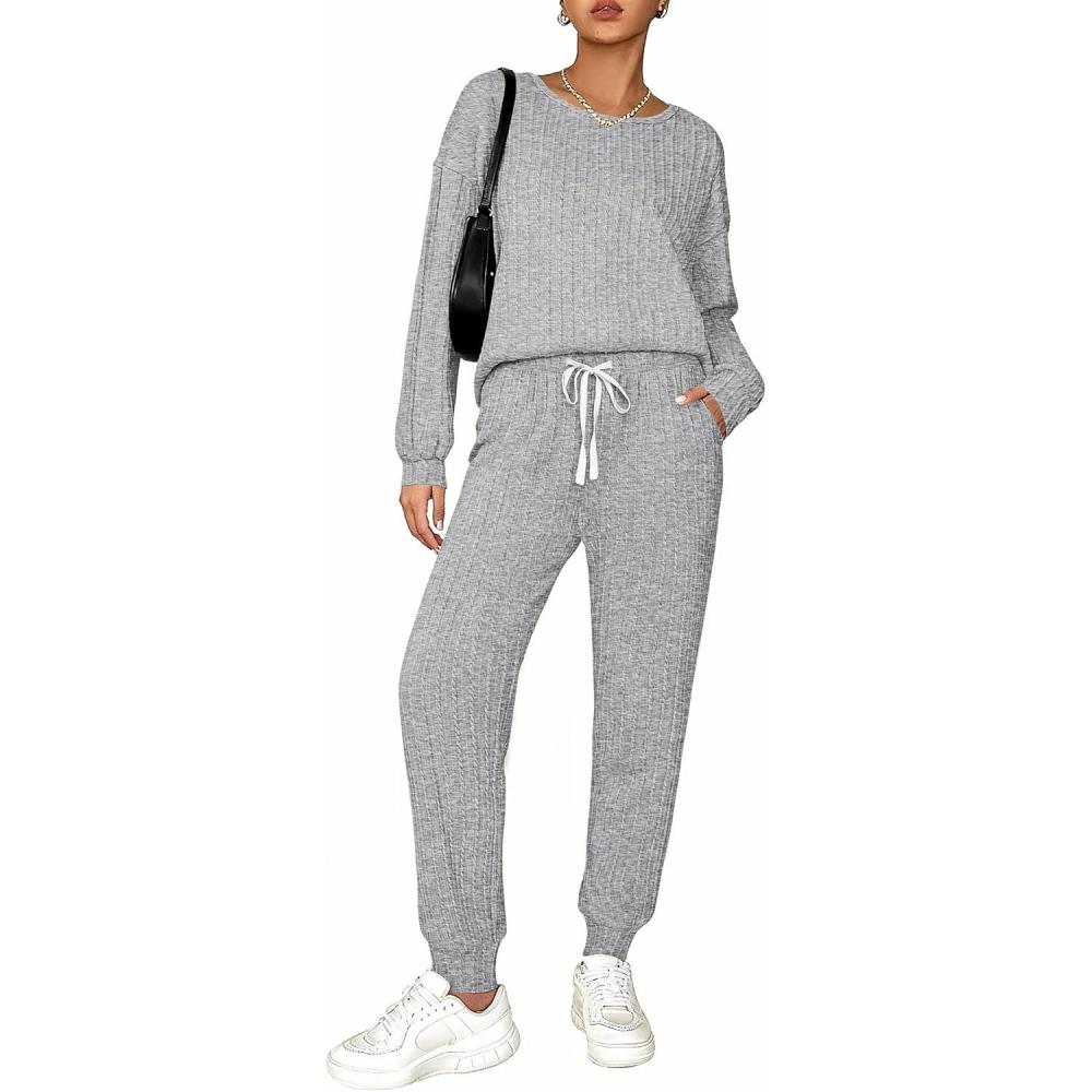 imageEkouaer Womens Pajamas Set Ribbed Knit Long Sleeve Pullover Top Jogger Pants Set 2 Piece Lounge Set Sleepwear Tracksuit SXXLLight Grey
