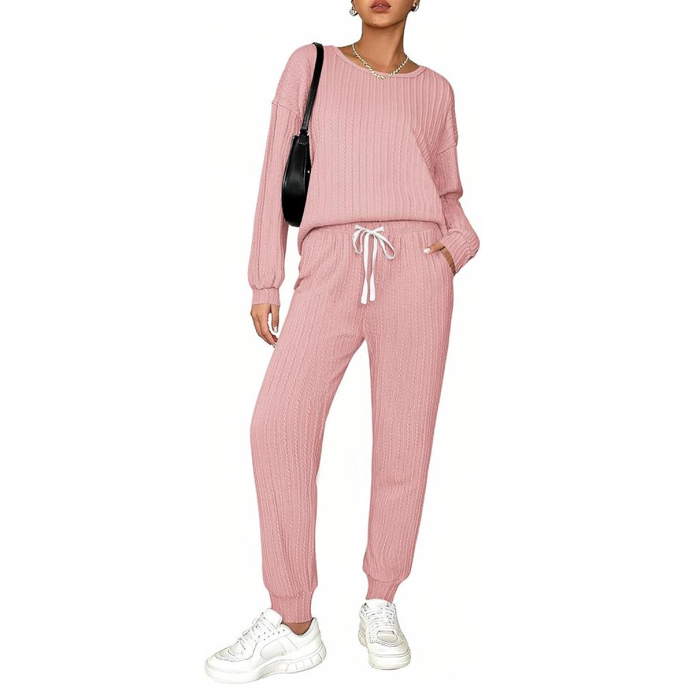 imageEkouaer Womens Pajamas Set Ribbed Knit Long Sleeve Pullover Top Jogger Pants Set 2 Piece Lounge Set Sleepwear Tracksuit SXXLLight Pink