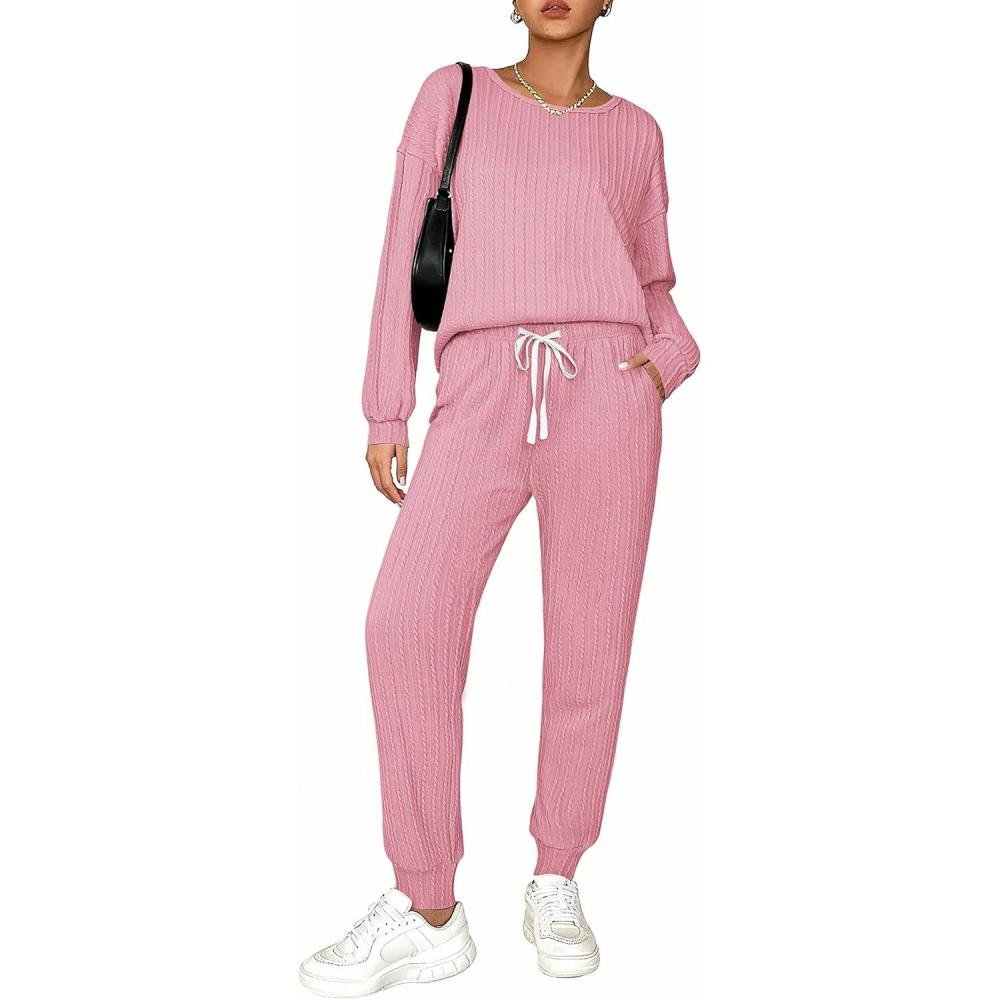 imageEkouaer Womens Pajamas Set Ribbed Knit Long Sleeve Pullover Top Jogger Pants Set 2 Piece Lounge Set Sleepwear Tracksuit SXXLPink