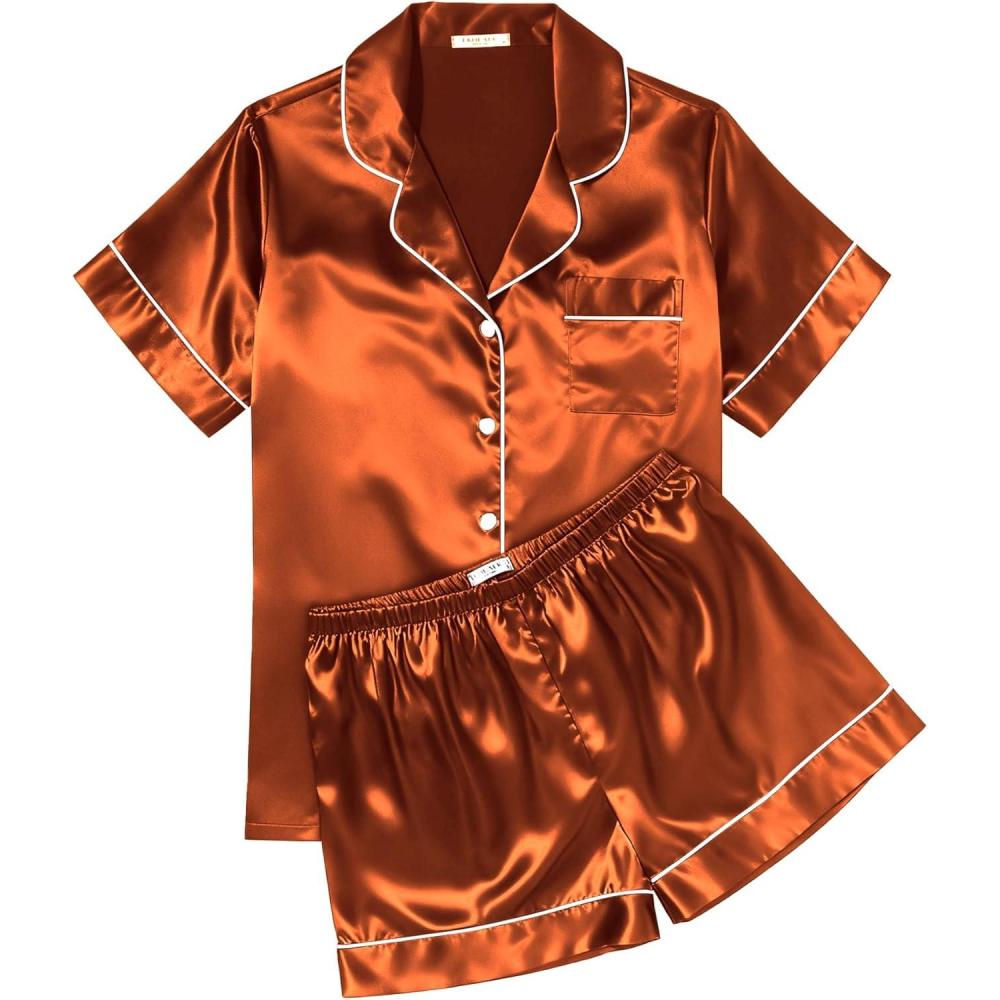 imageEkouaer Womens Silk Satin Pajama Sets Soft Short Sleeve Button Down Sleepwear Top and Shorts 2 Piece Pjs Lounge SetCaramel