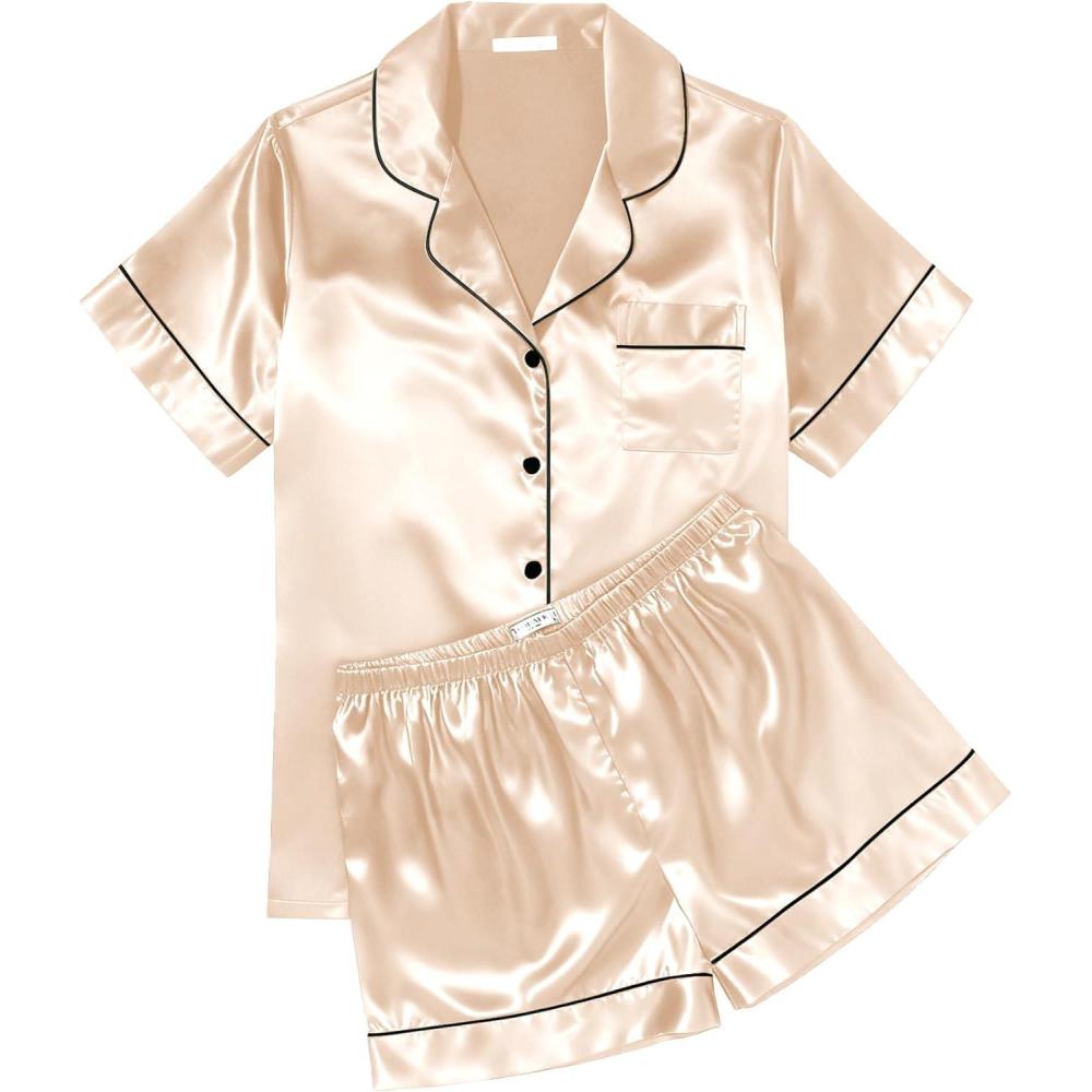 imageEkouaer Womens Silk Satin Pajama Sets Soft Short Sleeve Button Down Sleepwear Top and Shorts 2 Piece Pjs Lounge SetChampagne