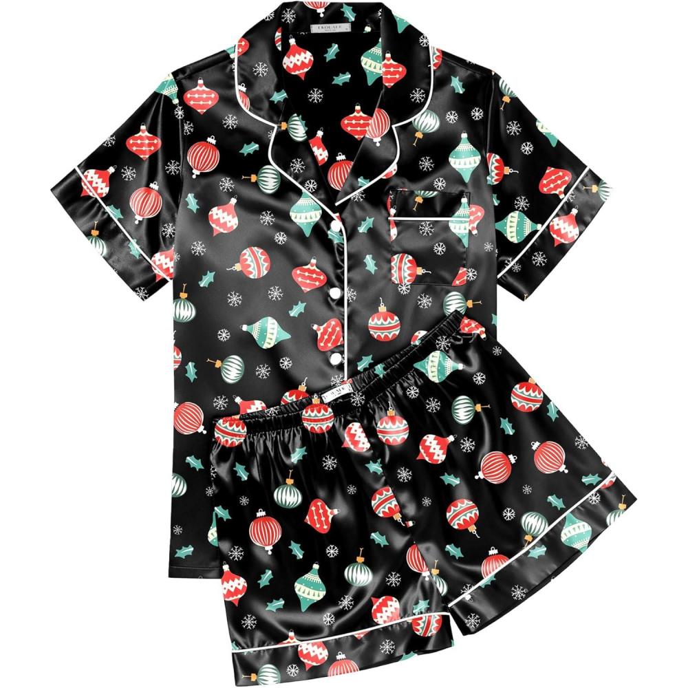 imageEkouaer Womens Silk Satin Pajama Sets Soft Short Sleeve Button Down Sleepwear Top and Shorts 2 Piece Pjs Lounge SetChristmas Black