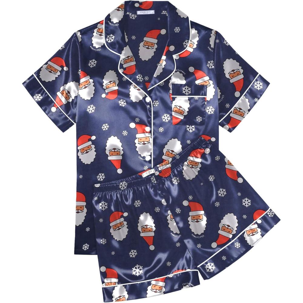 imageEkouaer Womens Silk Satin Pajama Sets Soft Short Sleeve Button Down Sleepwear Top and Shorts 2 Piece Pjs Lounge SetChristmas Navy