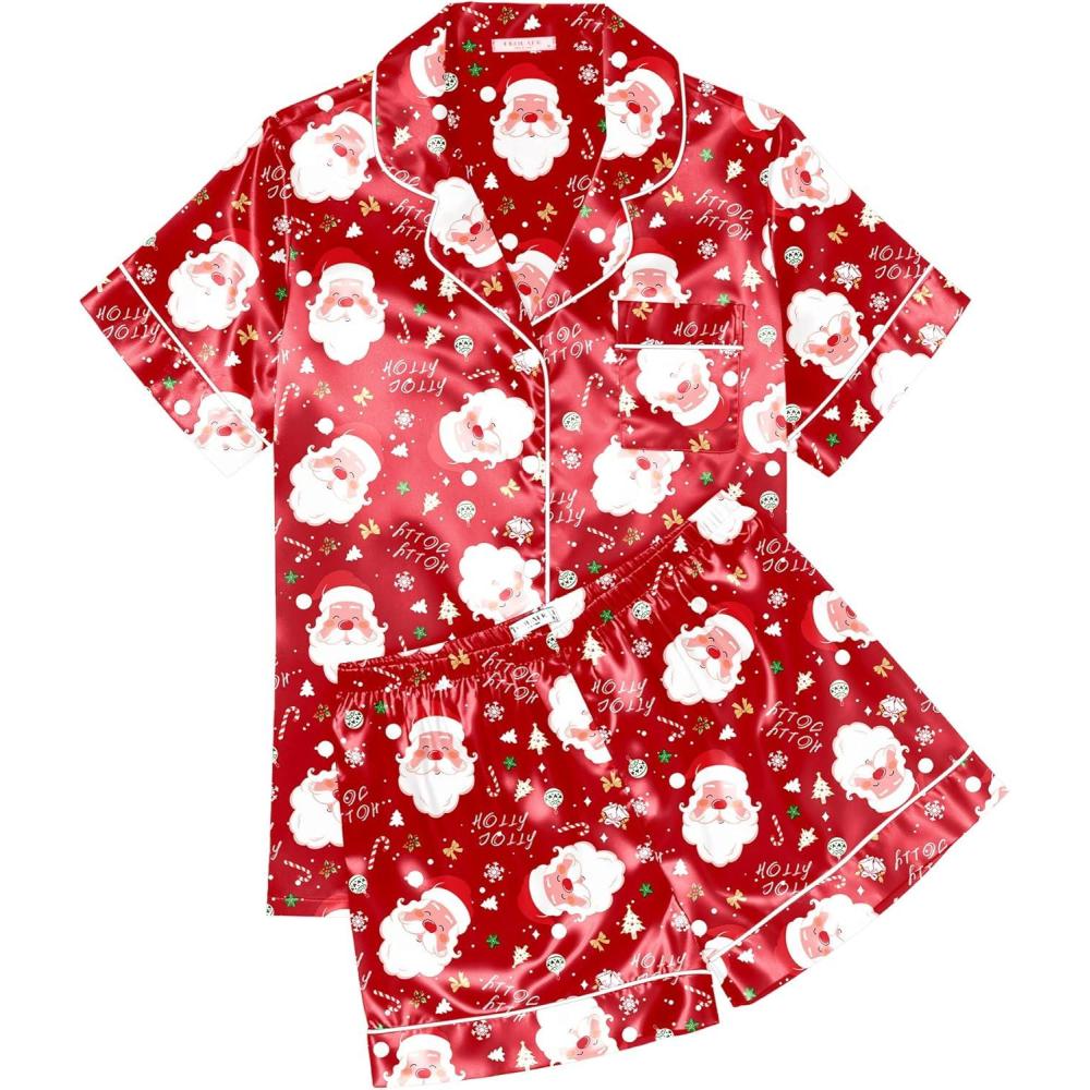 imageEkouaer Womens Silk Satin Pajama Sets Soft Short Sleeve Button Down Sleepwear Top and Shorts 2 Piece Pjs Lounge SetChristmas Red