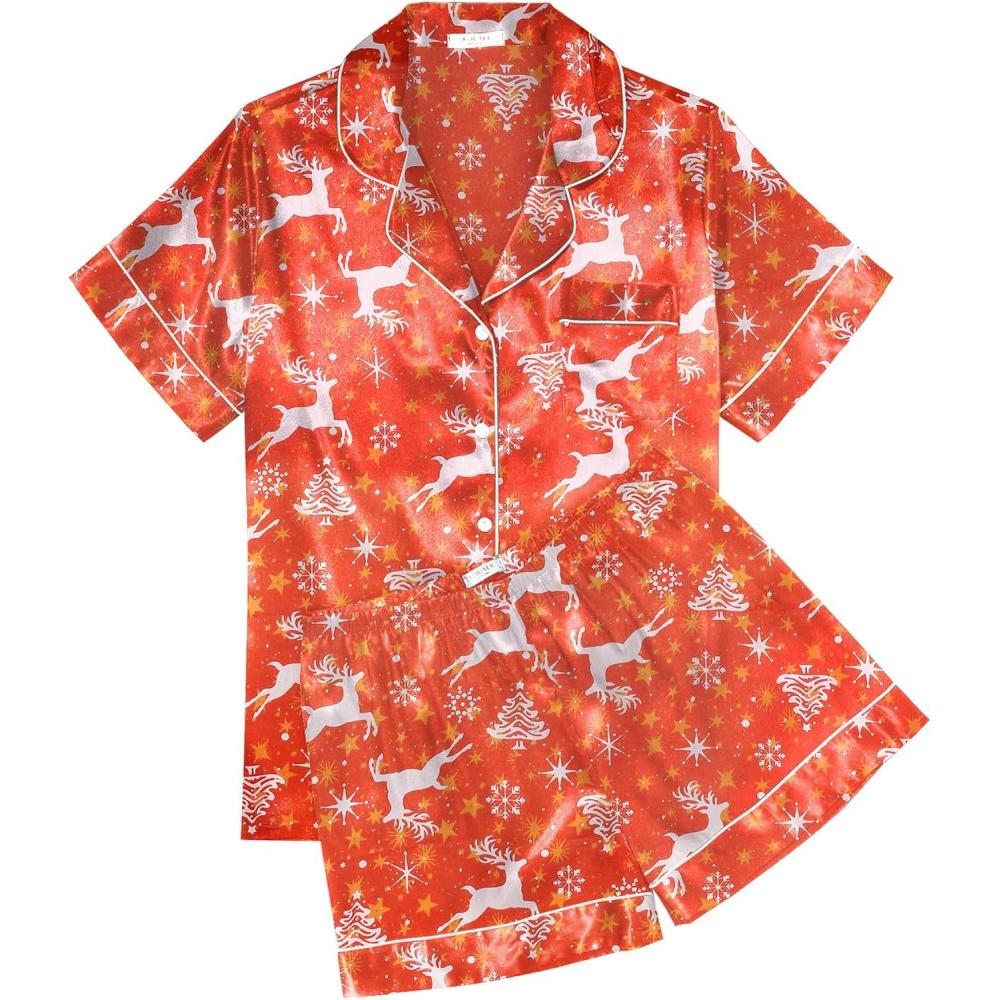 imageEkouaer Womens Silk Satin Pajama Sets Soft Short Sleeve Button Down Sleepwear Top and Shorts 2 Piece Pjs Lounge SetChristmas Red Deer