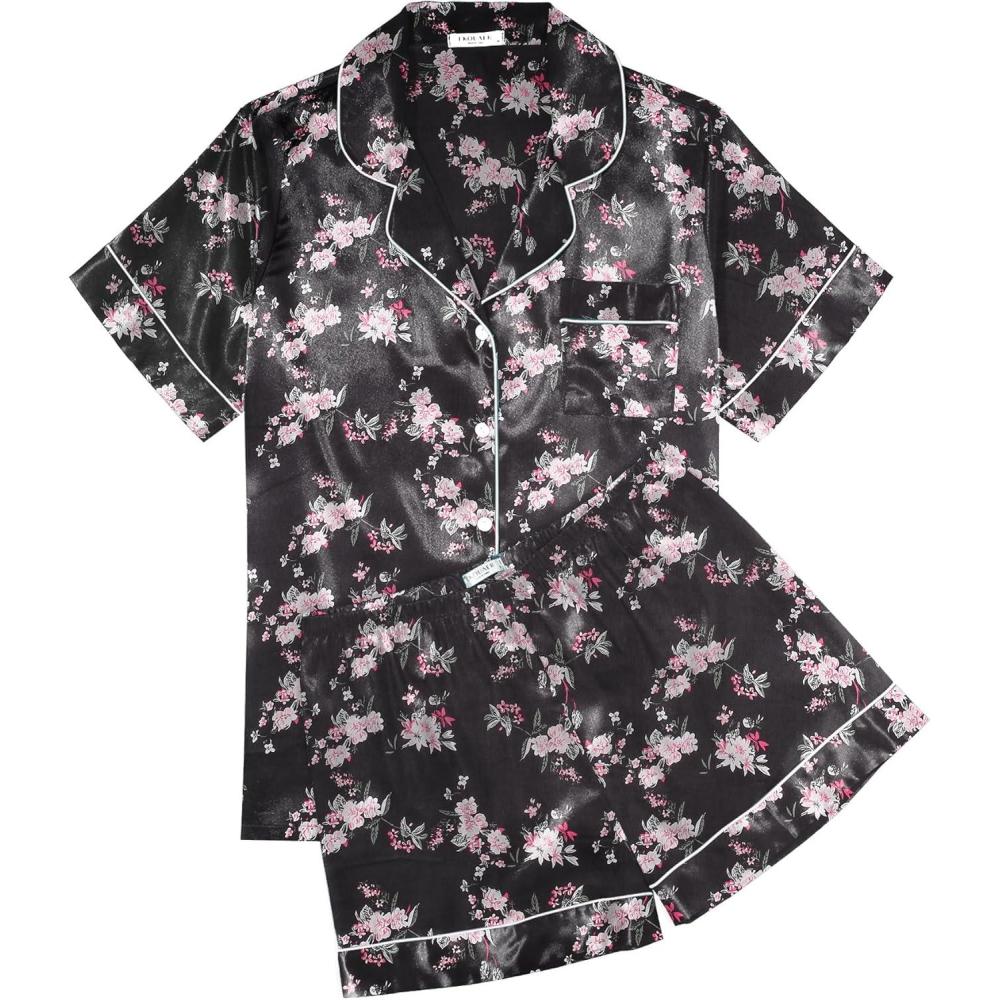 imageEkouaer Womens Silk Satin Pajama Sets Soft Short Sleeve Button Down Sleepwear Top and Shorts 2 Piece Pjs Lounge SetFloral Black White