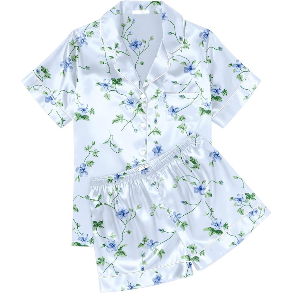 imageEkouaer Womens Silk Satin Pajama Sets Soft Short Sleeve Button Down Sleepwear Top and Shorts 2 Piece Pjs Lounge SetFloral Light Blue