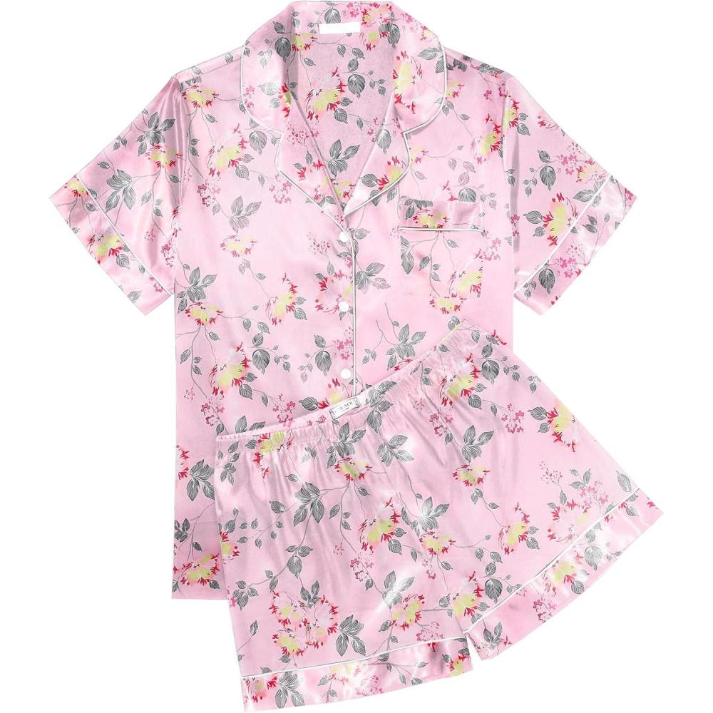 imageEkouaer Womens Silk Satin Pajama Sets Soft Short Sleeve Button Down Sleepwear Top and Shorts 2 Piece Pjs Lounge SetFloral Pink Yellow