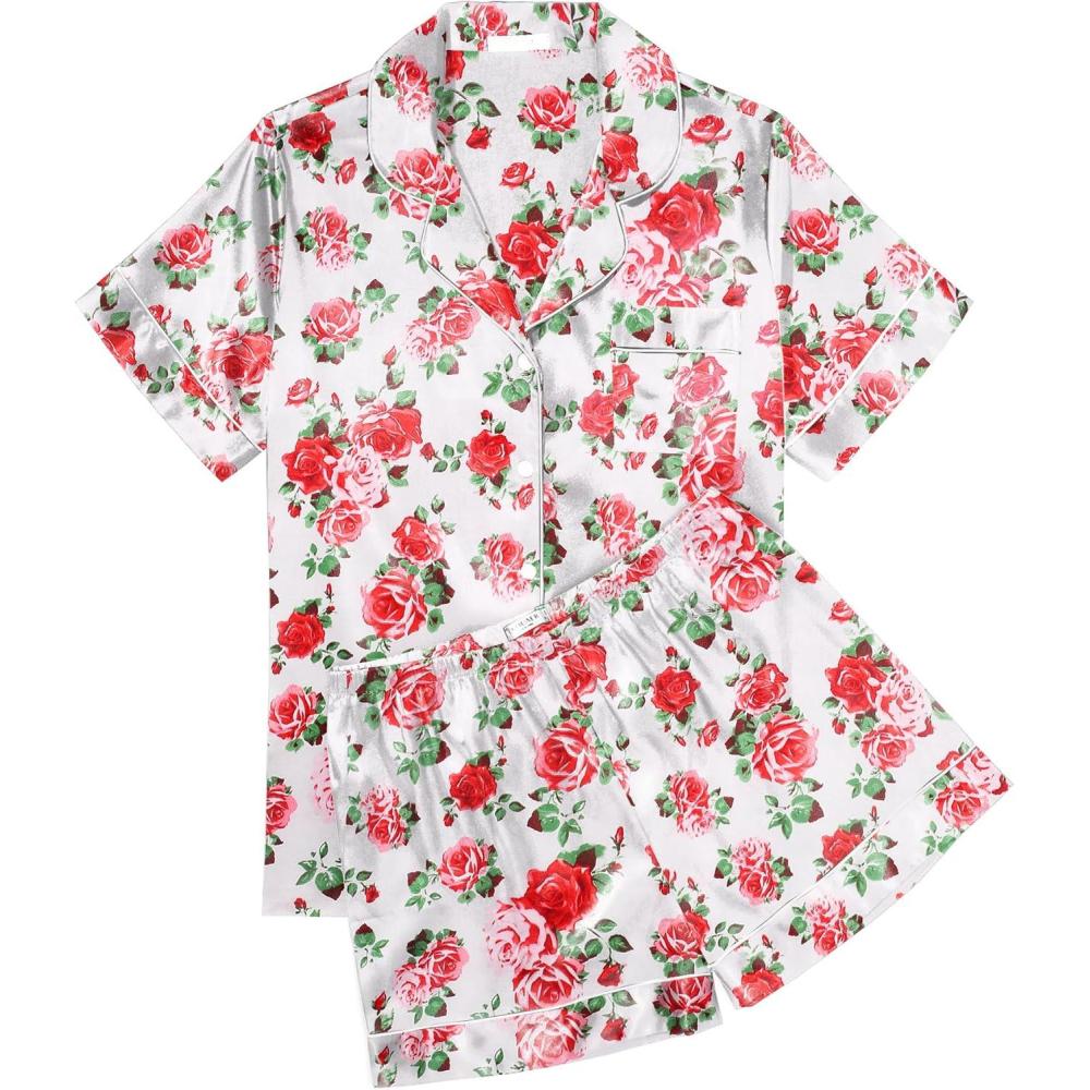 imageEkouaer Womens Silk Satin Pajama Sets Soft Short Sleeve Button Down Sleepwear Top and Shorts 2 Piece Pjs Lounge SetFloral White Red