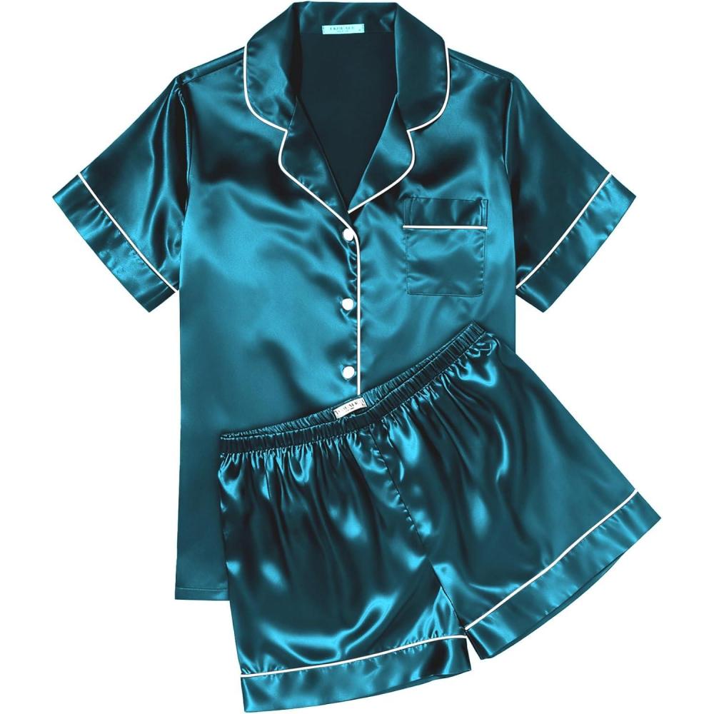 imageEkouaer Womens Silk Satin Pajama Sets Soft Short Sleeve Button Down Sleepwear Top and Shorts 2 Piece Pjs Lounge SetLake Blue