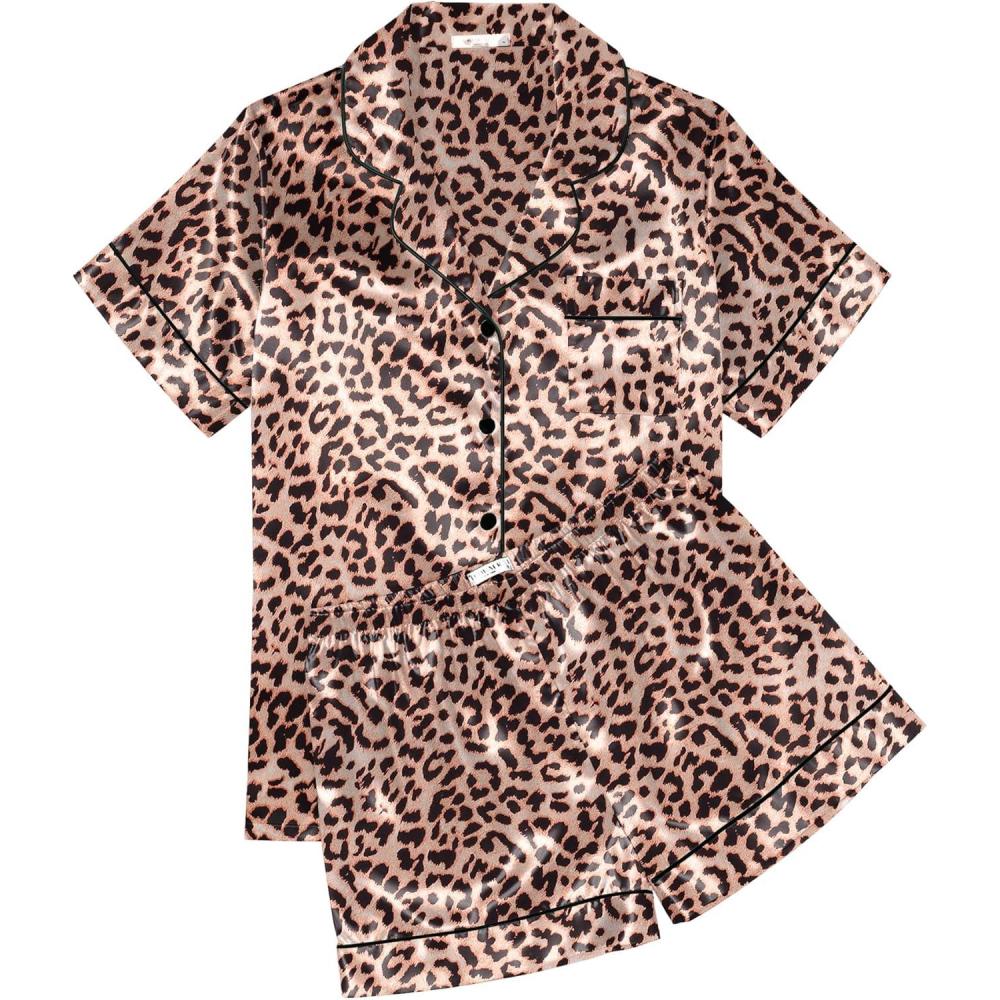 imageEkouaer Womens Silk Satin Pajama Sets Soft Short Sleeve Button Down Sleepwear Top and Shorts 2 Piece Pjs Lounge SetLeopard