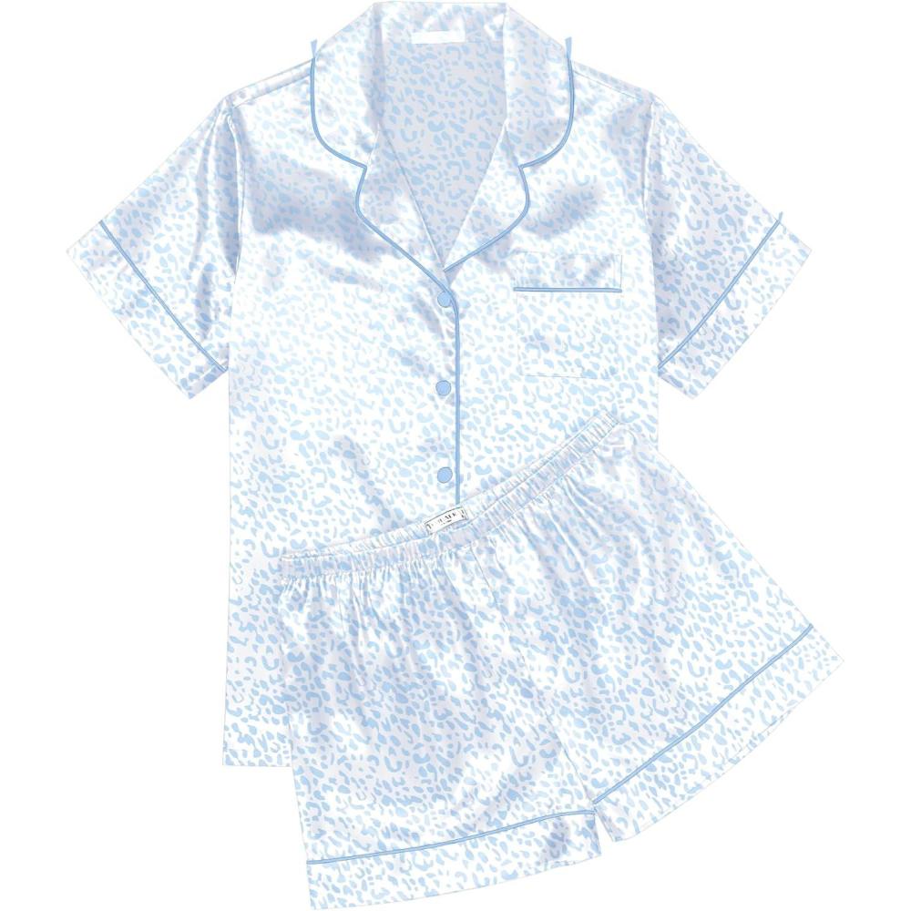 imageEkouaer Womens Silk Satin Pajama Sets Soft Short Sleeve Button Down Sleepwear Top and Shorts 2 Piece Pjs Lounge SetLeopard Light Blue