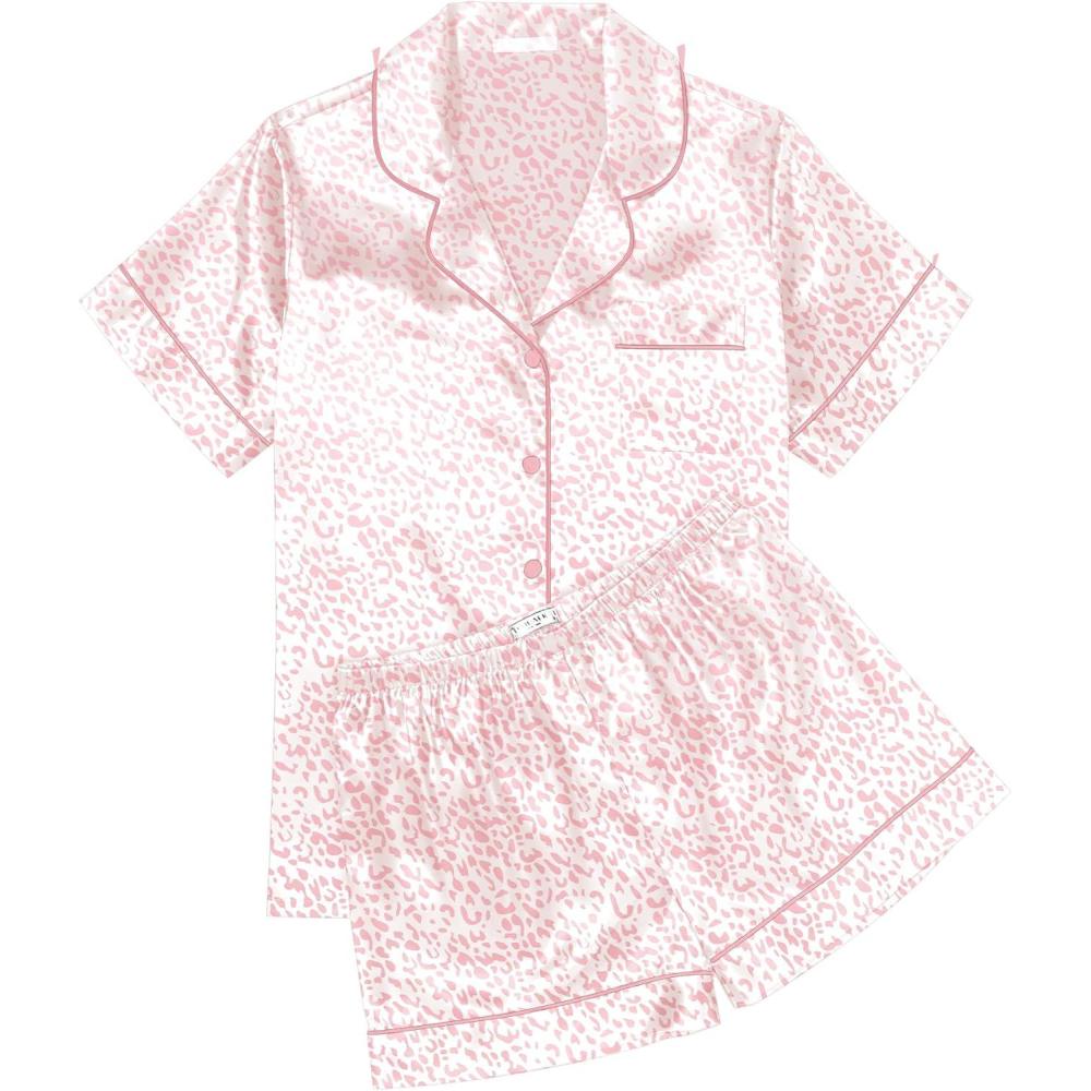 imageEkouaer Womens Silk Satin Pajama Sets Soft Short Sleeve Button Down Sleepwear Top and Shorts 2 Piece Pjs Lounge SetLeopard Pink