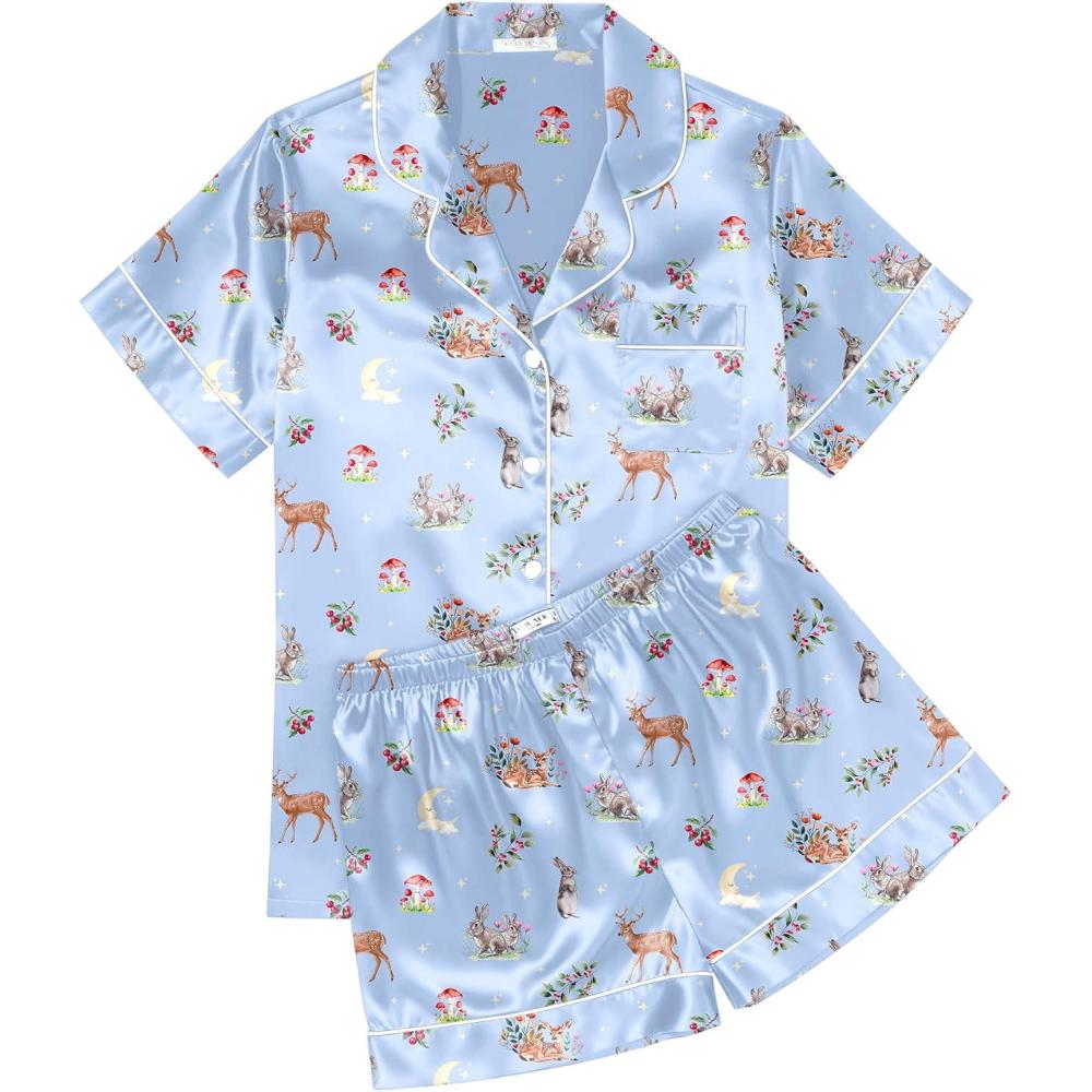 imageEkouaer Womens Silk Satin Pajama Sets Soft Short Sleeve Button Down Sleepwear Top and Shorts 2 Piece Pjs Lounge SetLight Blueanimal