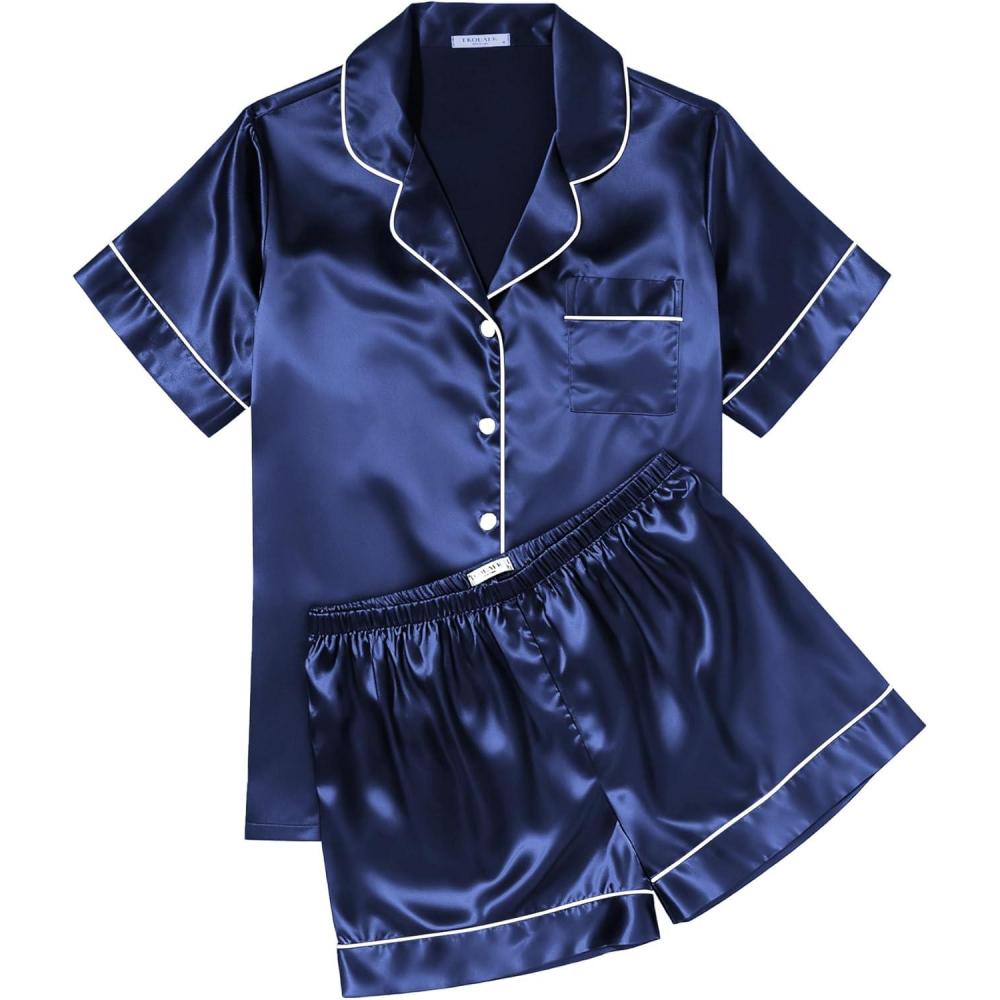 imageEkouaer Womens Silk Satin Pajama Sets Soft Short Sleeve Button Down Sleepwear Top and Shorts 2 Piece Pjs Lounge SetNavy