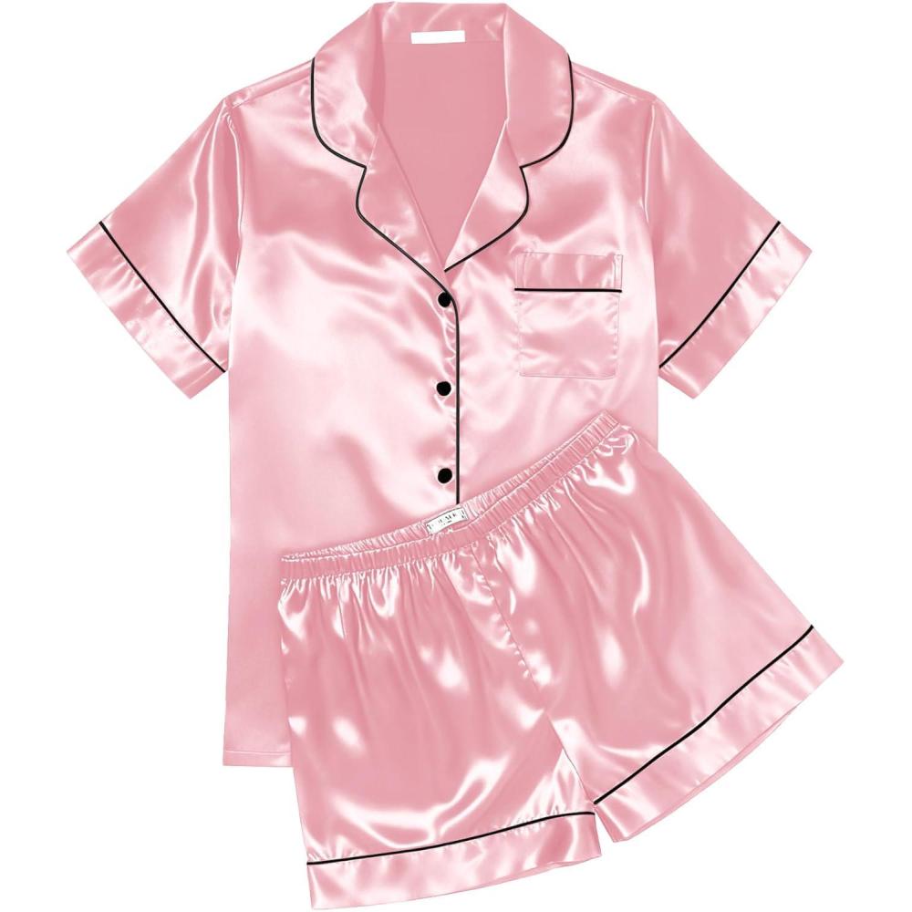 imageEkouaer Womens Silk Satin Pajama Sets Soft Short Sleeve Button Down Sleepwear Top and Shorts 2 Piece Pjs Lounge SetPink
