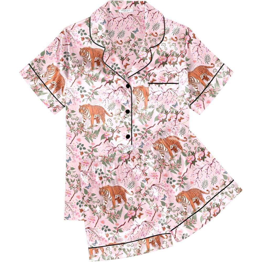 imageEkouaer Womens Silk Satin Pajama Sets Soft Short Sleeve Button Down Sleepwear Top and Shorts 2 Piece Pjs Lounge SetPinktiger