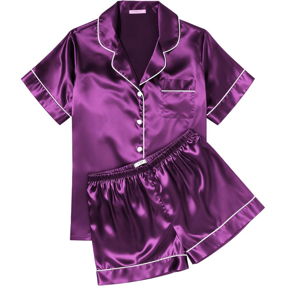 imageEkouaer Womens Silk Satin Pajama Sets Soft Short Sleeve Button Down Sleepwear Top and Shorts 2 Piece Pjs Lounge SetPurple