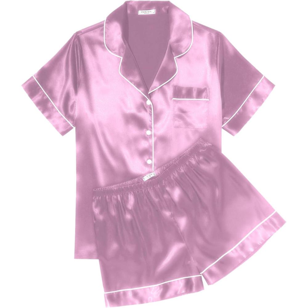 imageEkouaer Womens Silk Satin Pajama Sets Soft Short Sleeve Button Down Sleepwear Top and Shorts 2 Piece Pjs Lounge SetPurple Red