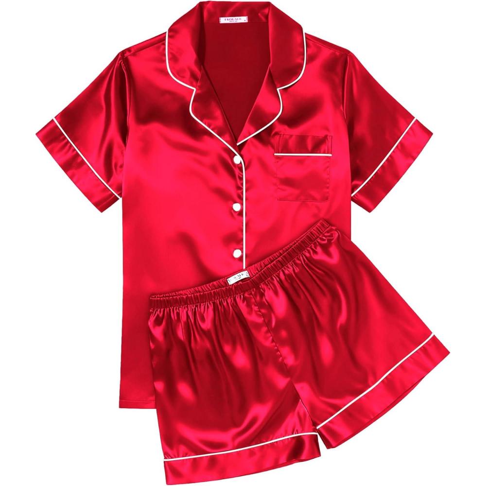 imageEkouaer Womens Silk Satin Pajama Sets Soft Short Sleeve Button Down Sleepwear Top and Shorts 2 Piece Pjs Lounge SetRed