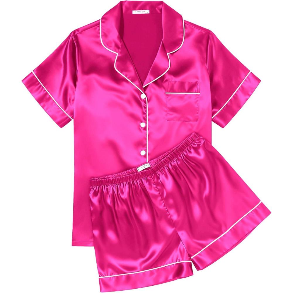 imageEkouaer Womens Silk Satin Pajama Sets Soft Short Sleeve Button Down Sleepwear Top and Shorts 2 Piece Pjs Lounge SetRose