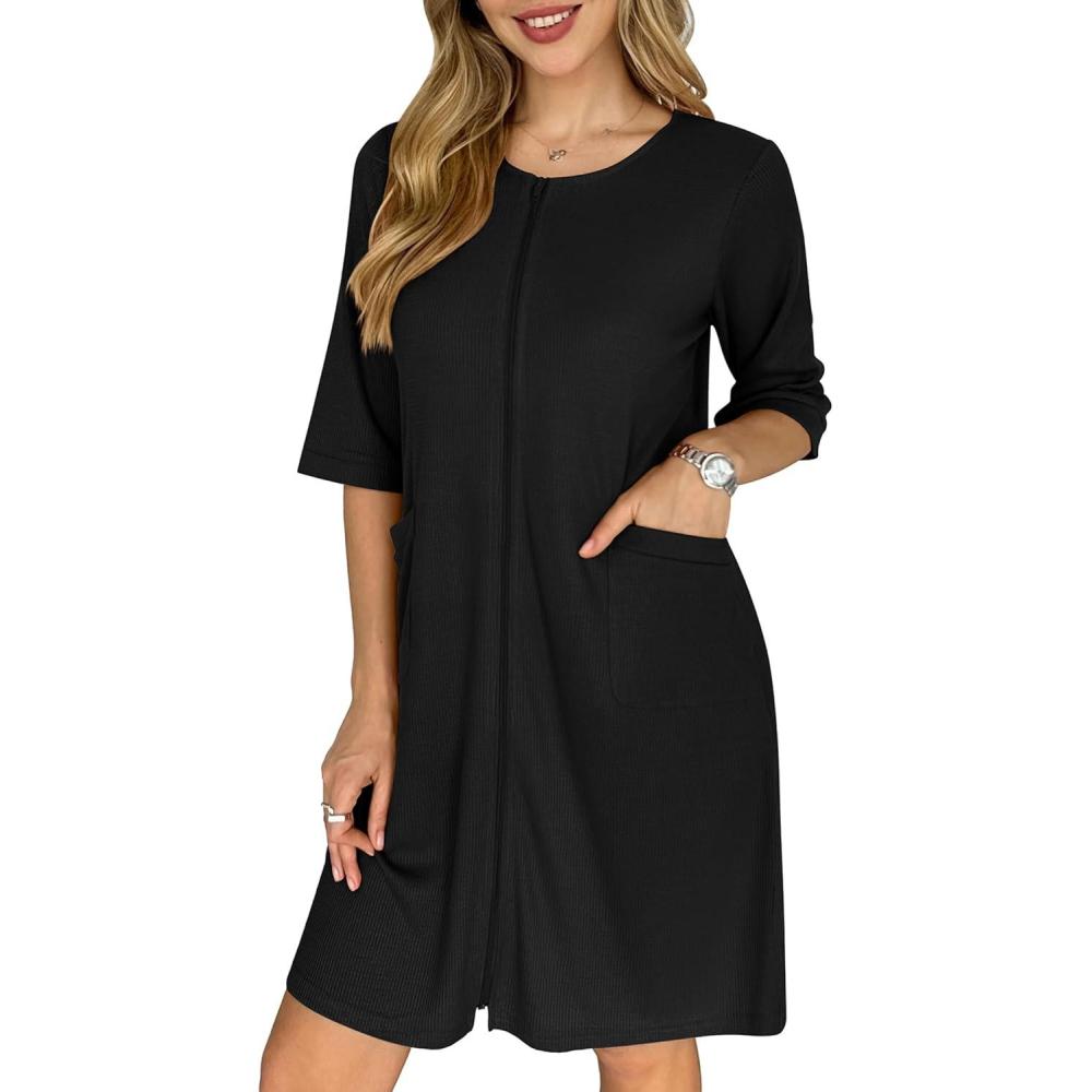 imageEkouaer Zip Up Robes for Women Short Waffle Bathrobe Lightweight house coat 34 Sleeve Soft Nightgown with Pockets S3XLBlack