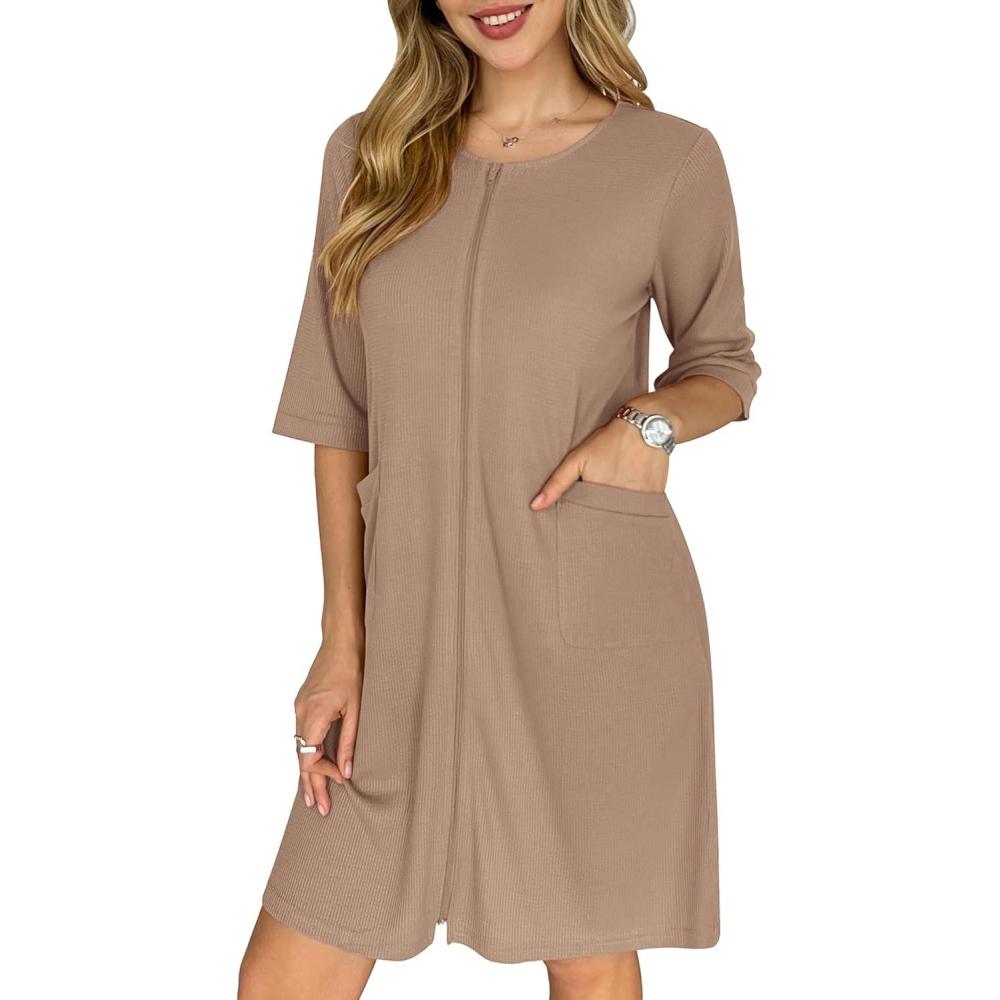 imageEkouaer Zip Up Robes for Women Short Waffle Bathrobe Lightweight house coat 34 Sleeve Soft Nightgown with Pockets S3XLKhaki