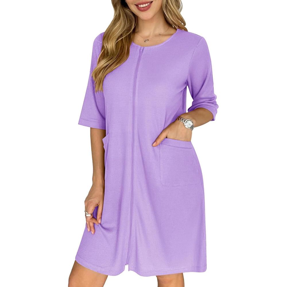 imageEkouaer Zip Up Robes for Women Short Waffle Bathrobe Lightweight house coat 34 Sleeve Soft Nightgown with Pockets S3XLLavender